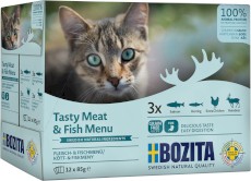 BOZITA Tasty Meat / Fish Menu mięsne i rybne w sosie bez zbóż dla kota 12x85g