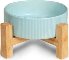 GLEE Food Drink Bowl Stripes Miska ceramiczna na podstawce z bambusa Niebieska S 400ml
