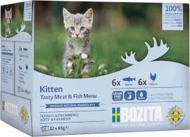 BOZITA Kitten Tasty Meat / Fish Menu Kawałki mięs w sosie bez zbóż dla kociąt 12x85g - Zdjęcie główne